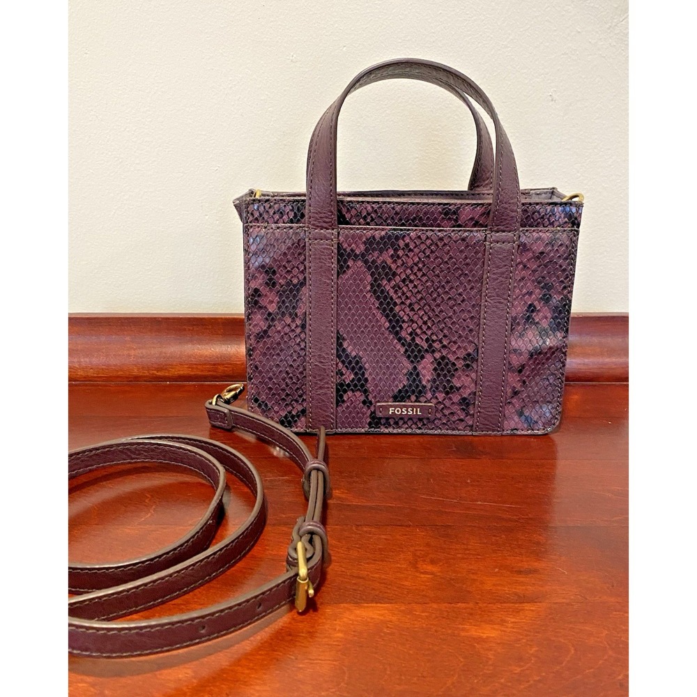 Fossil Maisie Mini‎ Handbag Crossbody Strap Plum Snakeskin Print Purple 8"x6"x3"